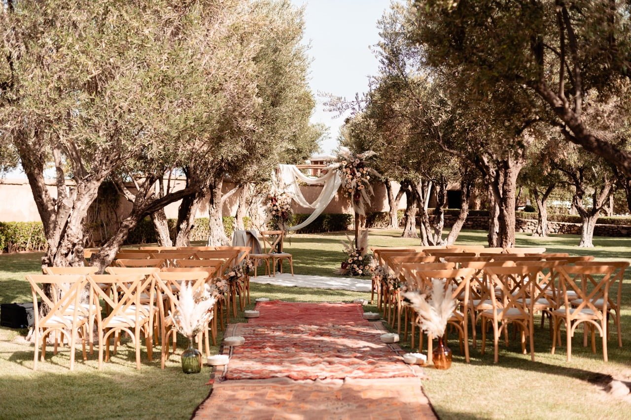 The outdoor ceremony space of a chic wedding in Marrakech