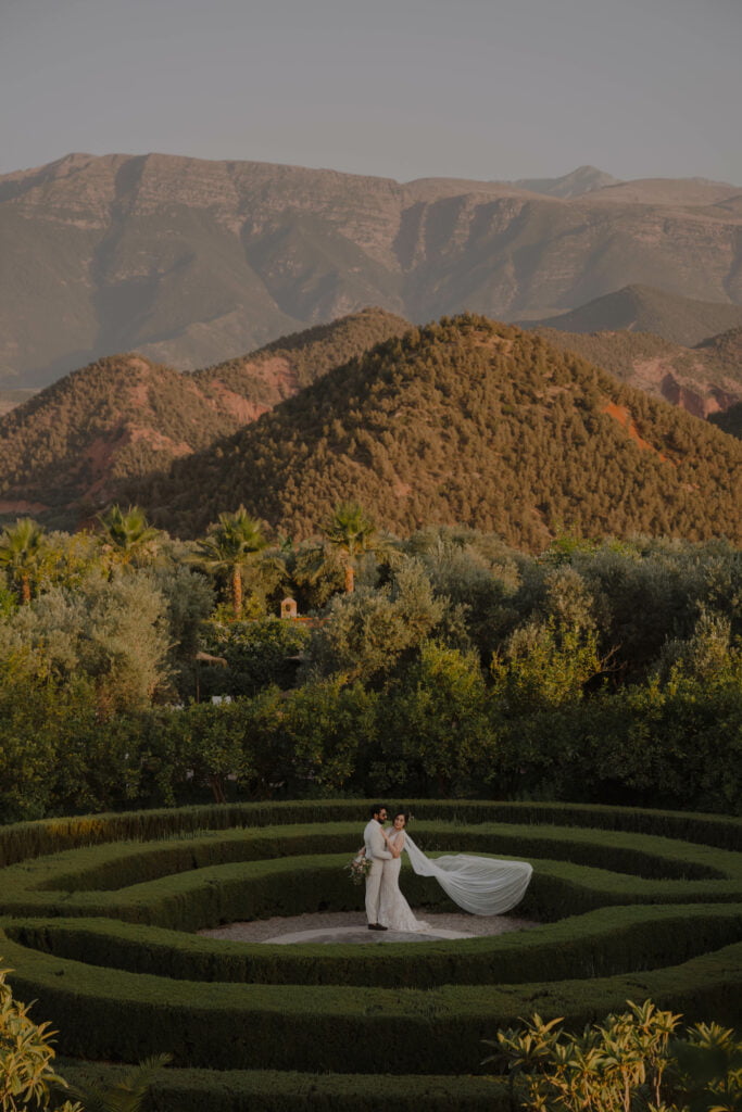 The couple and scenery at an Indian wedding in Marrakech