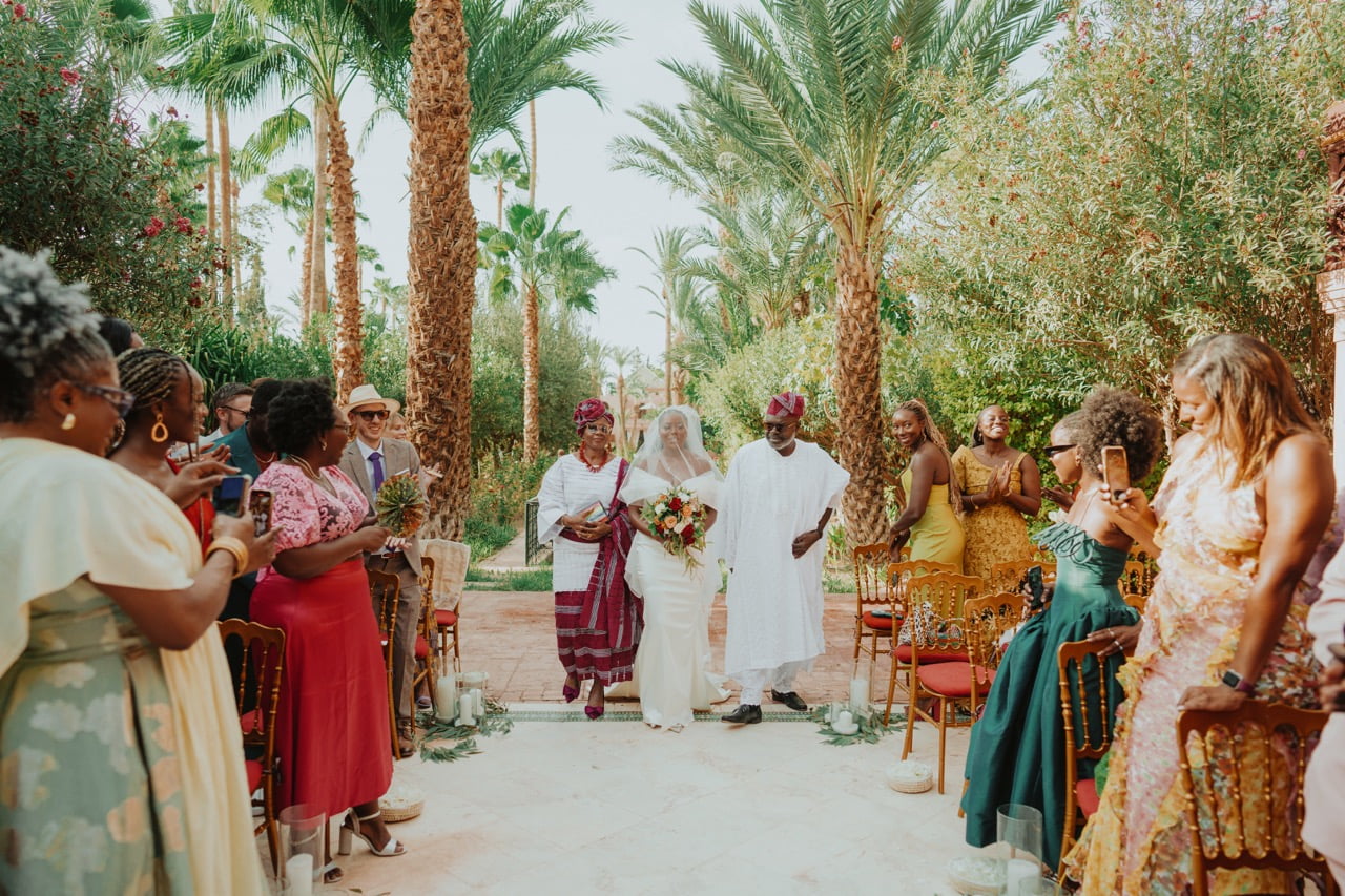 An outdoor wedding ceremony in Marrakech styled by Marrakech wedding planners